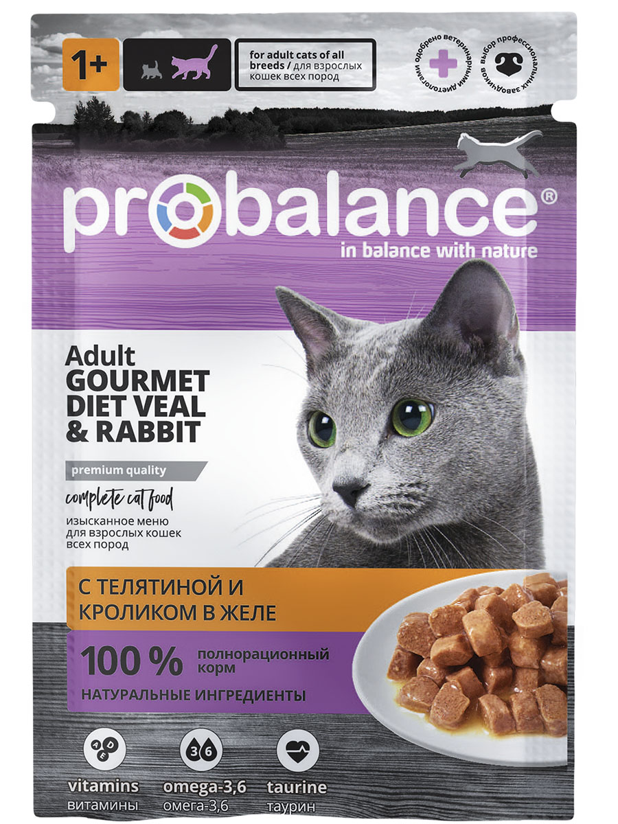Консервированный корм для кошек Probalance Gourmet Diet, телятина и кролик в желе, 85г (28шт. в уп)
